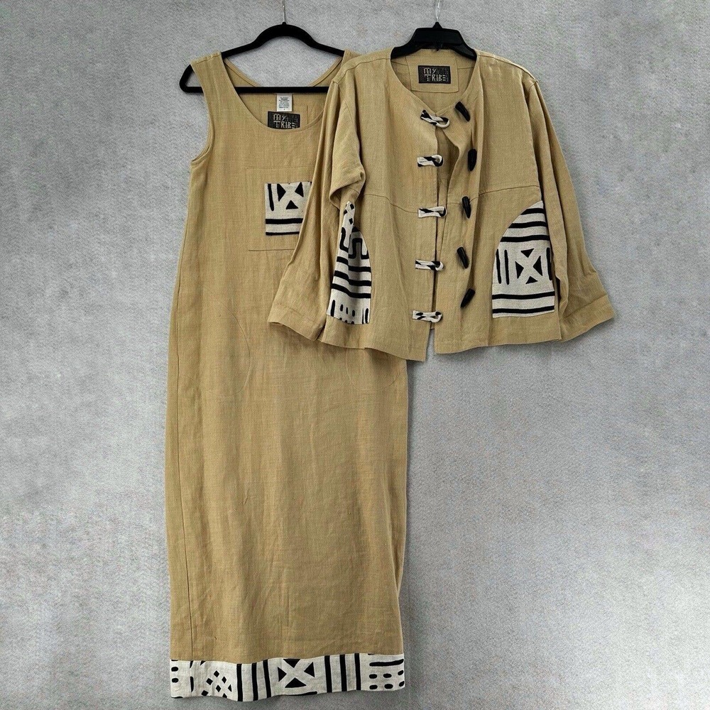 Vtg My Tribe Joy Burton Linen Dress SMALL Beige 2-Piece‎ Dress Jacket Aztec Maxi